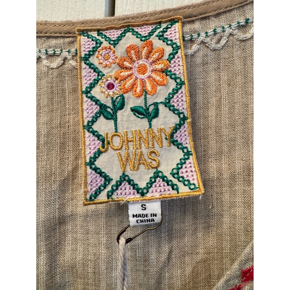 Johnny Was Sloane Drawstring Tank Dress Linen Floral Embroidered Midi Tan Small - Picture 2 of 9